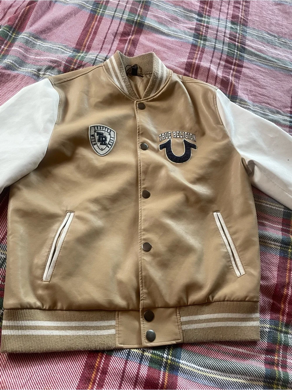 True Religion Tan and White Varsity Jacket